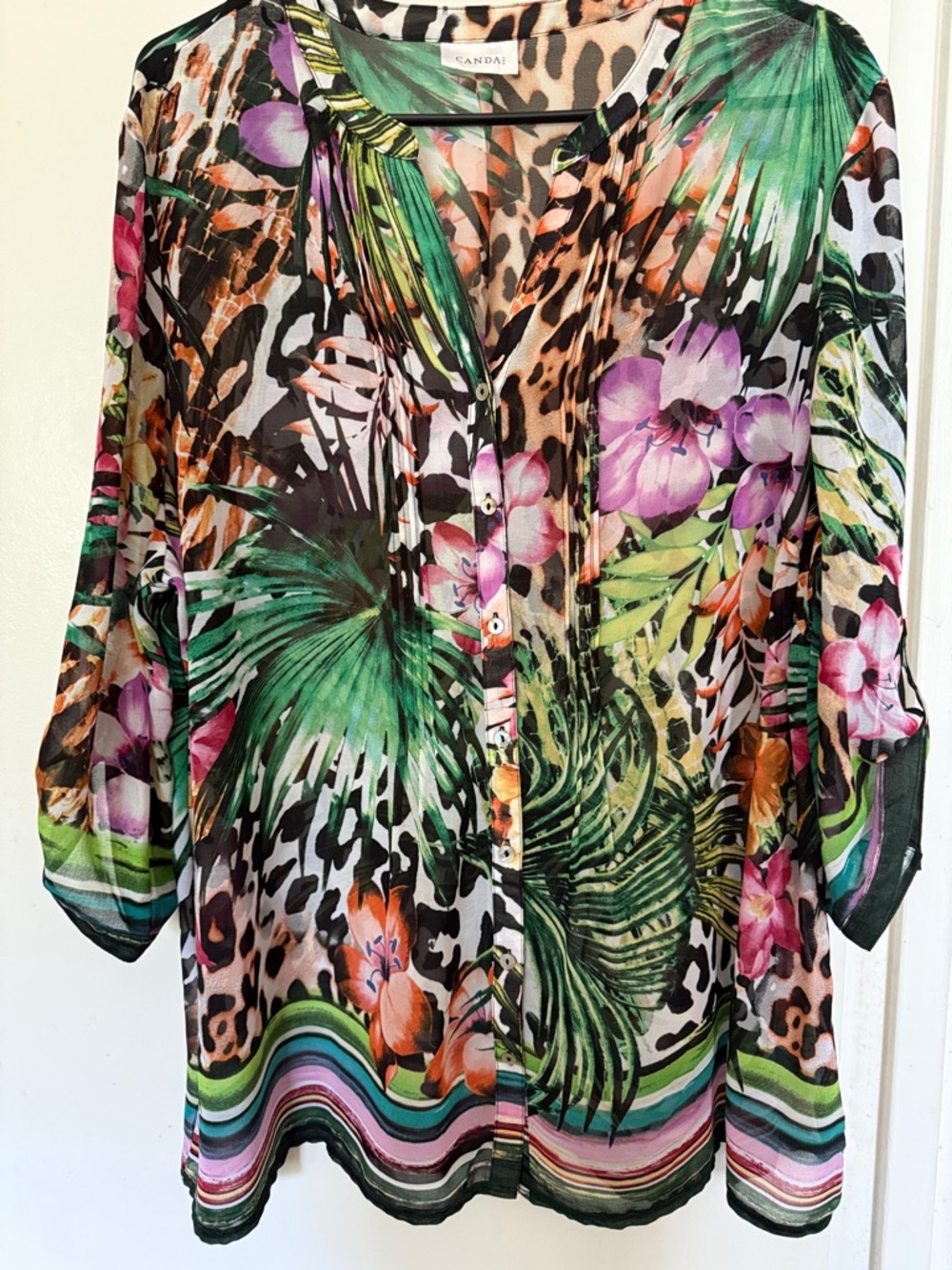 CANDA Green Tropical Floral & Leopard-Print Button Tunic